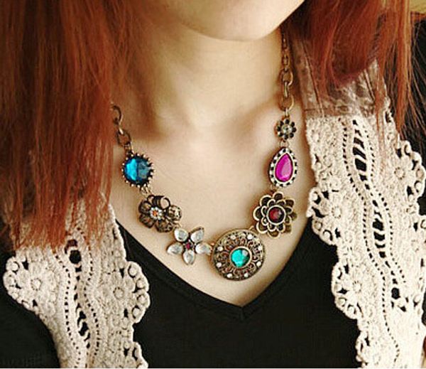 

retro vintage european style gorgeous austria turquoise crystal flowers bib statement necklace for wedding party 045i, Golden;silver