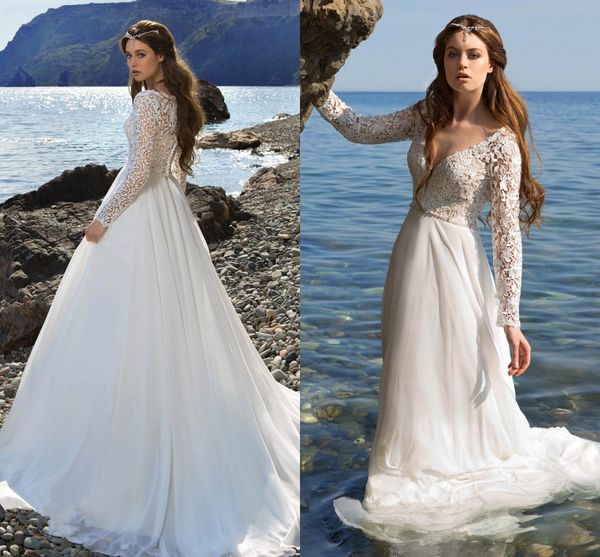 

vestido de novia new lace white ivory beach wedding dresses 2017 v-neck long sleeves boho bridal wedding gowns robe de mariage