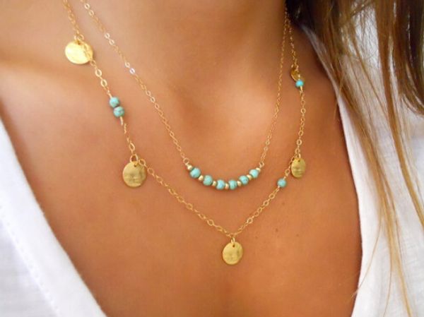 

Золото серебро 2 слой цепи бар ожерелье мода женщины бисером бирюзовый монета кул