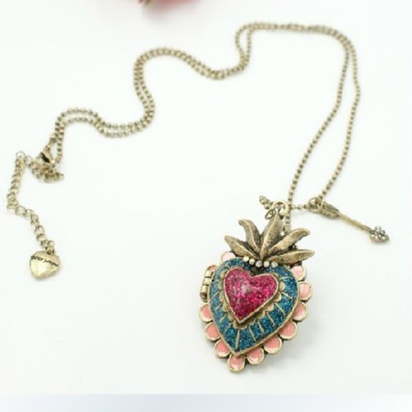

selling vintage ethnic style glaze heart locket pendant necklace women statement choker jewelry long chain charm necklaces, Silver
