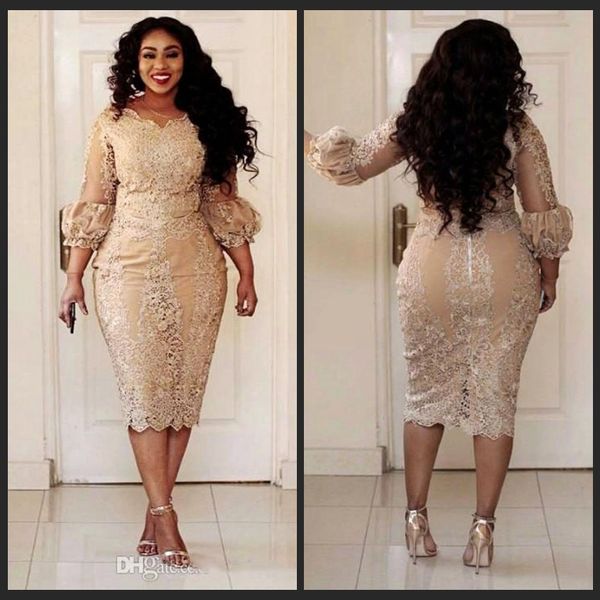 

2018 African Champagne Mother Of The Dresses Jewel Neck Applique Illusion 3/4 Sleeve Long Sleeve Evening Gowns Plus Size Mermaid Prom Dress