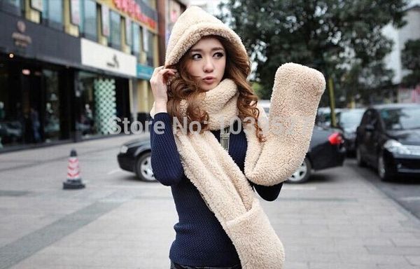 

wholesale-2015 new fashion 3 in1 special korean women's winter scarf lovely double-thick coral fleece scarves with hats and gloves, Blue;gray