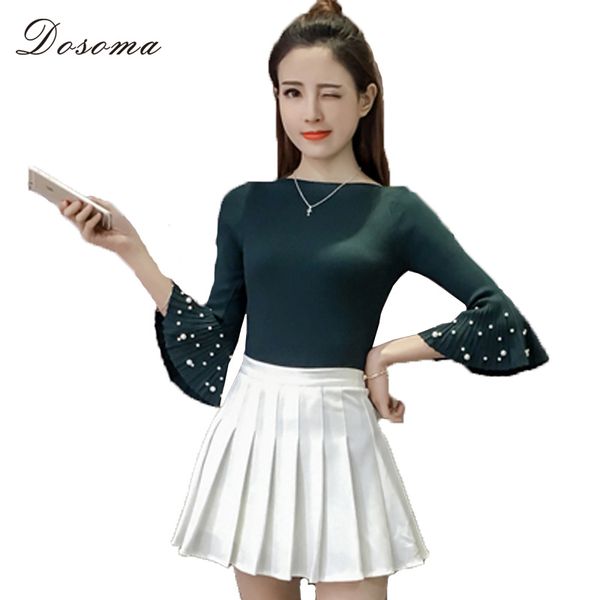 

wholesale- spring summer women pearl knitted sweater solid beads trumpet three quarter sleeves girls sweater pullover knitted tee, White;black