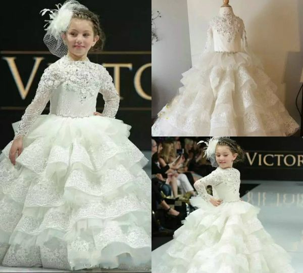 

princess tired long sleeve girls pageant dresses white 3d floral applique beads flower girl dress for wedding cute kids formal gown cmmunion, White;blue