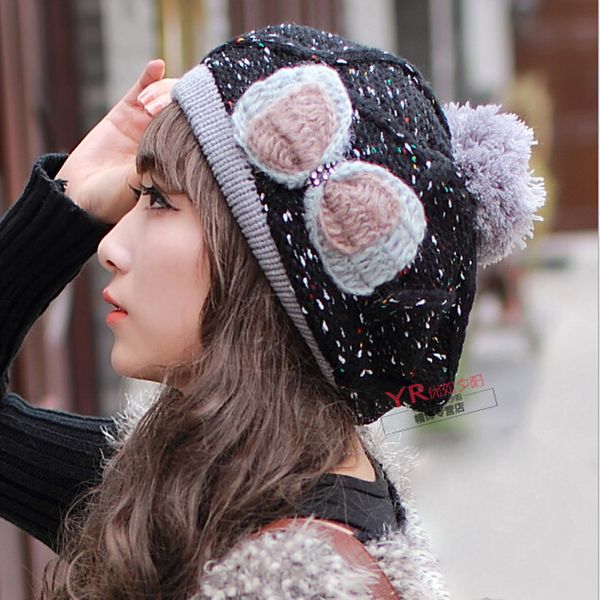 

wholesale-2015 new fashion wool knitted winter hat bonnet beret women with pompon gorros de lana on sale, Blue;gray