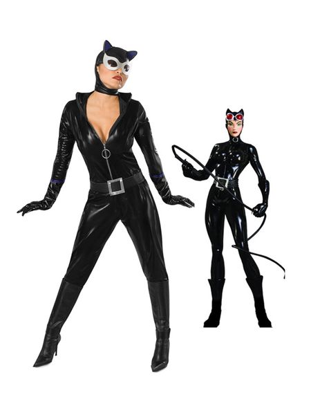 

black shiny metallic catwoman superhero costume carnival party halloween costume halloween party cosplay zentai suit, Black;red