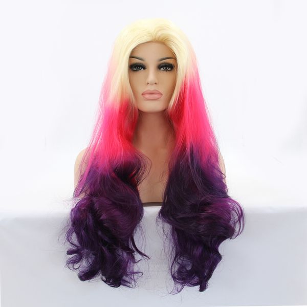 Heat Resistant Glueless New Blonde Pink Purple Three Tone Ombre