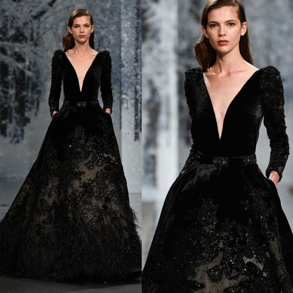

ziad накад черное перо пром платья глубокий v шеи длинными рукавами линии блестки бисером вечерние платья 2017-2018 новый вечернее платье, Black