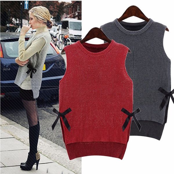 

pullover 2015 new autumn winter fashion women sweater loose bow sleeveless sweater vest casual pull femme plus size fg1511, White;black