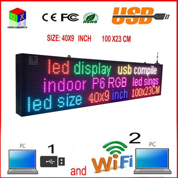 

40x9 дюймовый полноцветный rgb led знак беспроводной и usb программируемое качению информация p6 светодиодный экран в помещении