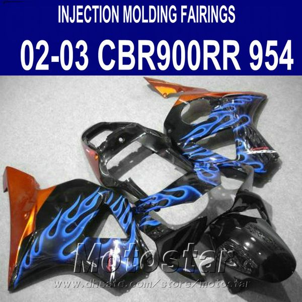 

injection molding fairings set for honda cbr900rr 954 2002 2003 blue flames black cbr900 954rr hip fairing body kit cbr954 02 03 yr37
