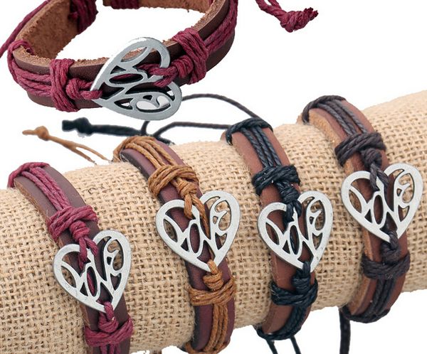 

2015 latest version punk style 100% genuine leather bracelet alloy hearts pattern hemp rope adjustable bracelet 20pcs/lot, Black