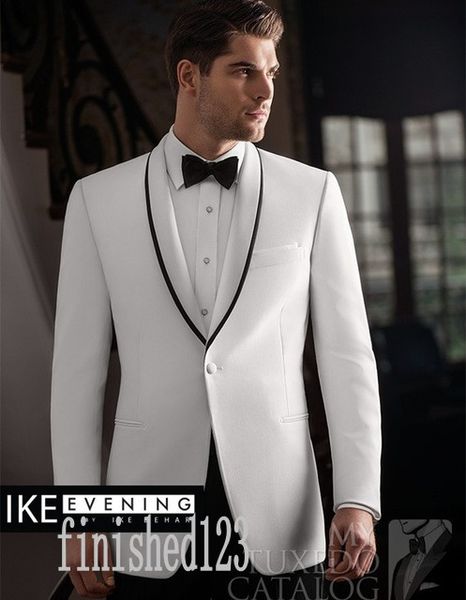 Populares Um Botão Branco Noivo Smoking Xaile Lapela Padrinhos de Casamento Melhor Homem Ternos de Jantar de Baile (Jaqueta + Calça + Cinto + Gravata) G5208