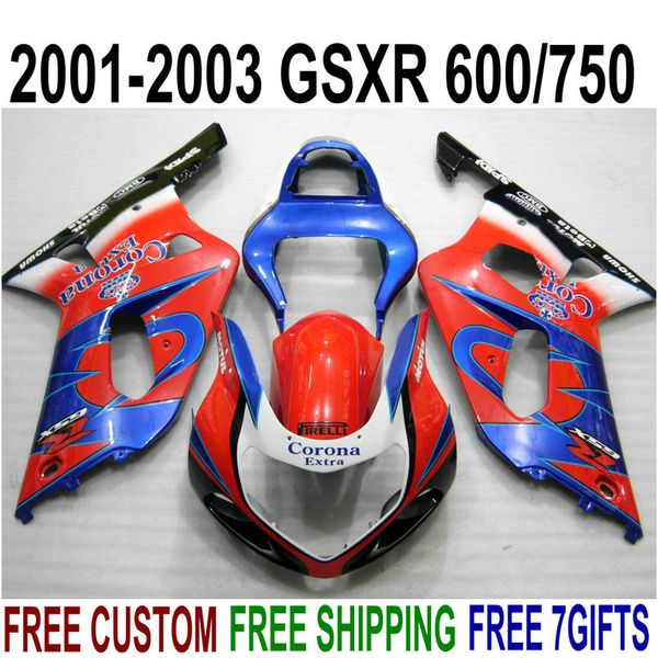 Hochwertiges Verkleidungsset für Suzuki GSXR600 GSXR750 2001 2002 2003 K1 blau rot Corona GSXR 600 750 Verkleidungsset 01-03 RA10