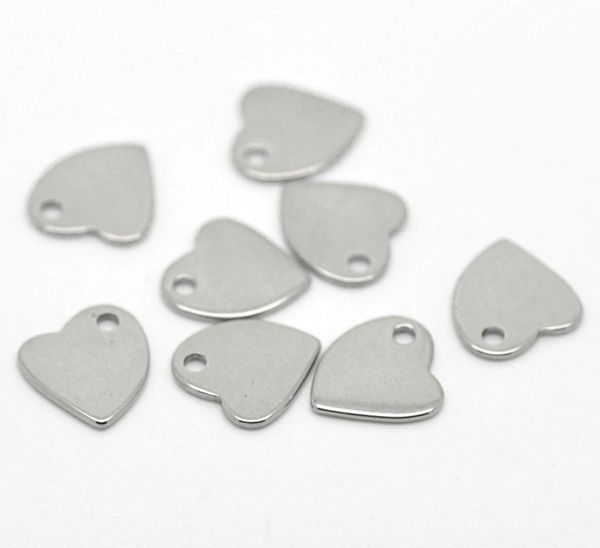 All'ingrosso-20 pendenti con ciondoli a forma di cuore in acciaio inossidabile tono argento Etichette per stampaggio in bianco 11x10mm