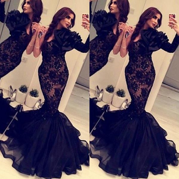 Elegante Preto Lace Tulle Sereia Vestidos de Baile Sexy Querida Pescoço Uma Manga Oversize Artesanal Fit Flor e Alargamento Pageant Vestidos de Noite