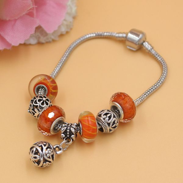 

new arrival jewelry wholesale diy charms orange lampwork murano glass beads hallow bead charm bracelets for women gift jewelry, Golden;silver