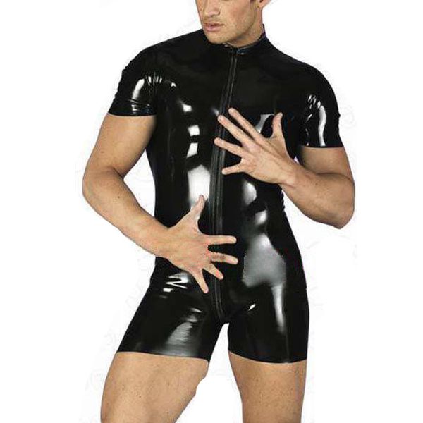 

wholesale-plus size xl stong mens faux leather latex catsuit front zipper open crotch stretch bodysuit wetlook clubwear gay male lingerie, Black