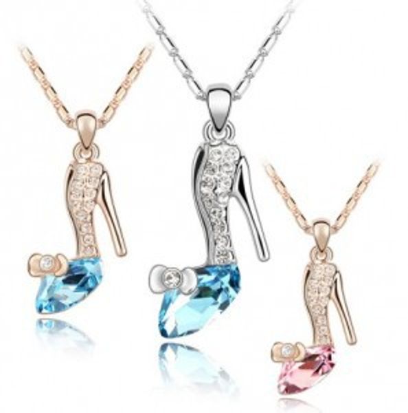 

trendy gold/silver plated crystal cinderella glass slipper pendant necklace jewelry for women and girls