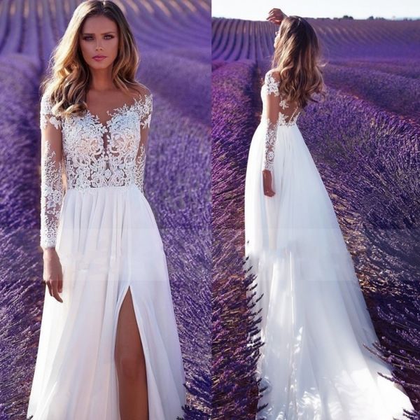 Abiti a maniche lunghe Boho Abiti da sposa sexy con spacco laterale in pizzo Abiti da sposa eleganti in chiffon da giardino di campagna