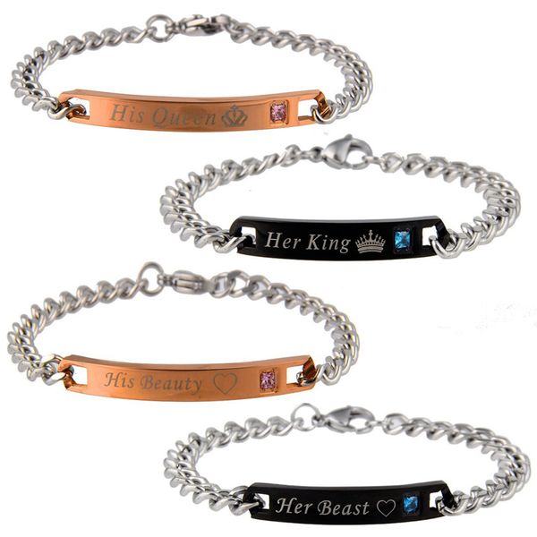 

crystal crown titanium steel bracelet her king his queen her beast his beauty lover bracelet & bangle for women men d117s, Black