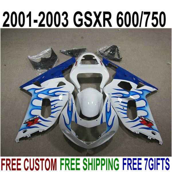 

fairing kit for suzuki gsxr600 gsxr750 2001-2003 k1 gsx-r 600/750 01 02 03 blue flames white plastic fairings set xn10