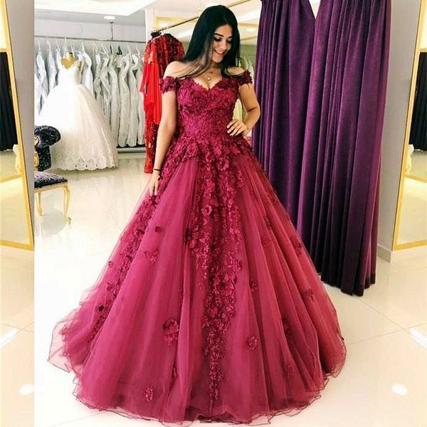 

burgundy off the shoulder evening dresses lace appliques 3d floral lace-up back ball gown quinceanera dress party evening wear, Black;red