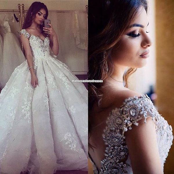 

charming crystal bead sequins lace applique ball gown wedding dresses floor length long bridal gowns no sleeve plus size arabic dress, White