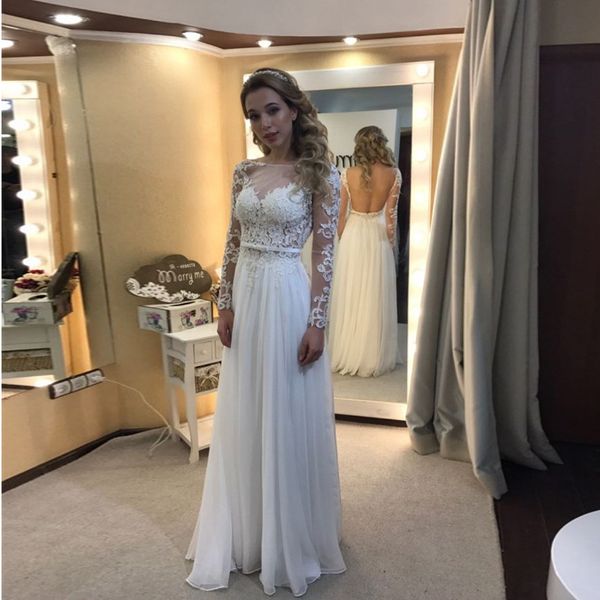 

a-line wedding dresses sheer neck backless long sleeve appliques lace chiffon boho bridal gowns vestido de novia, White