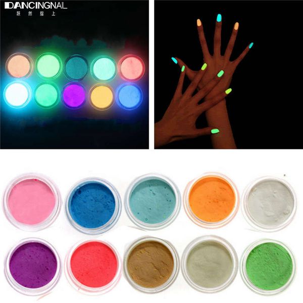 

wholesale-10colors neon acrylic nail art fluorescent luminescent glitter tip powder sand glow in dark 3d salon nails diy design decoration, Silver;gold