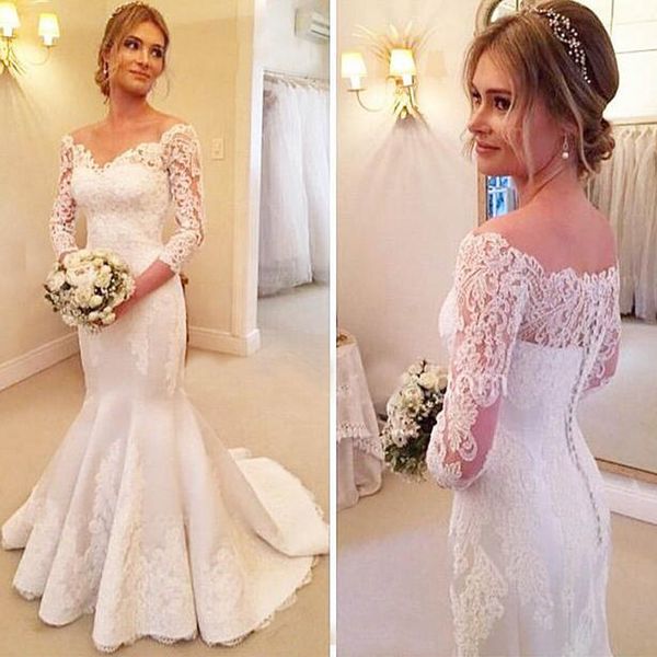 

2020 lace mermaid wedding dress sheer neck three quater sleeves appliques long bridal gowns vestidos de novia, White