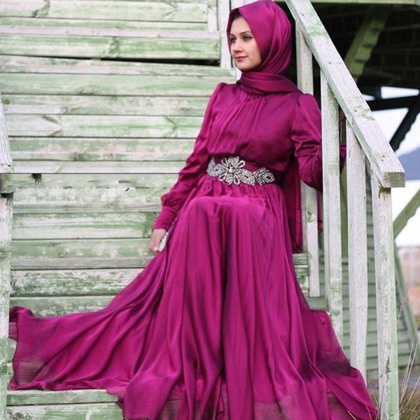 

simple fuchsia chiffon long sleeve muslim evening dress with beaded sashes dubai kaftan vestido de fiesta 2016 prom gowns, Black;red