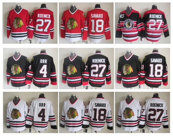 

chicago blackhawks hockey jersey 4 bobby orr 18 denis savard 27 jeremy roenick vintage ccm authentic 100% stitched jerseys, Black;red