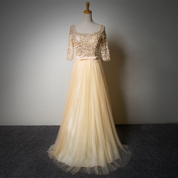 

scoop neck half sleeves long tulle evening dress with sequins appliques 2016 elegant evening gowns gold color, Black;red