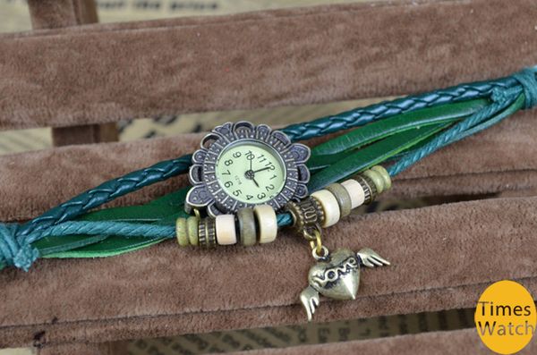 Uhr im Vintage-Stil, Neuankömmling, Mode, Vintage-Retro-Perlen, geflochtenes Seil-Armband, Wickel-Quarz-Armbanduhr aus Rindsleder für Damen