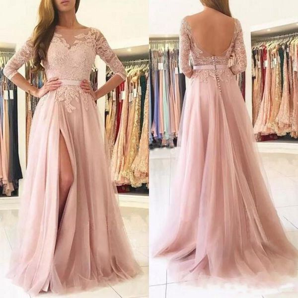 

robe de soiree A Line Prom Dresses Blush Pink Front Split Scoop 3/4 Sleeves Plus Size Formal Dresses Evening Gowns