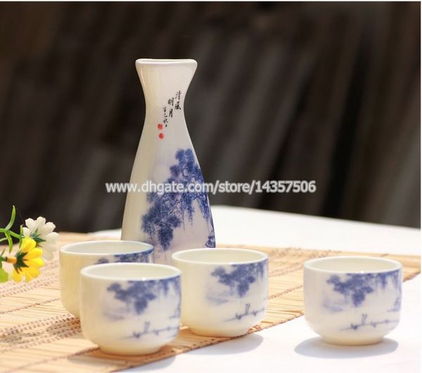 

japanese porcelain sake set blue and white porcelain sake bottle and cup gift wine set chinese landscape painting design
