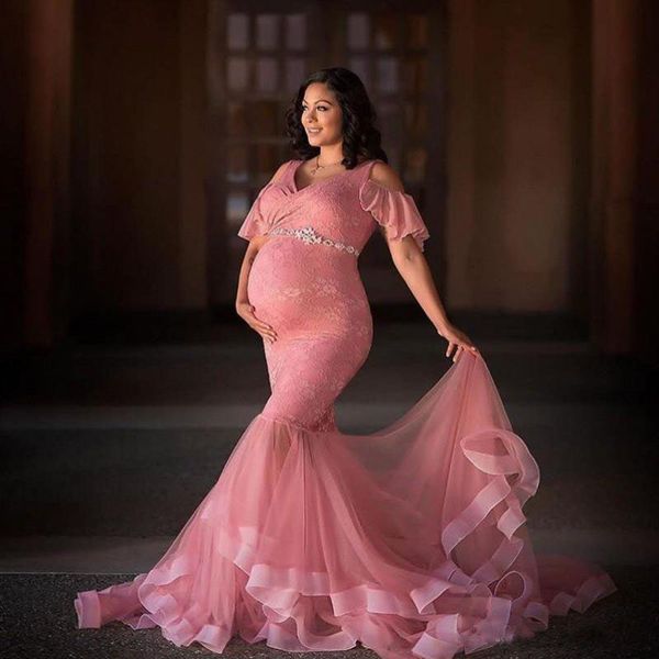 

Dust Pink Mermaid Pregnant Evening Dresses V Neck Off the Shoulder Beaded Sash Prom Party Dress Short Sleeves Custom Made Evening Gown