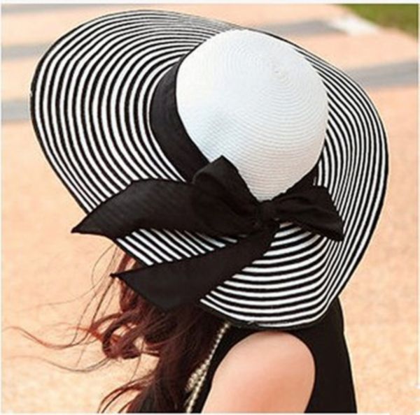 

wholesale-2015 black white stripe ladies summer straw hat with ears vintage sun hat female beach hats for women beanies snapback hats caps, Blue;gray