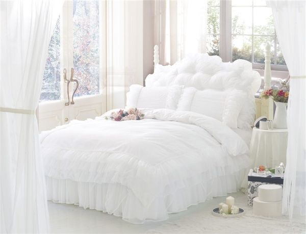 

wholesale- korean style princess lace bedding sets 100% cotton  king size 4pcs bedclothes bed linen bedskirt duvet cover