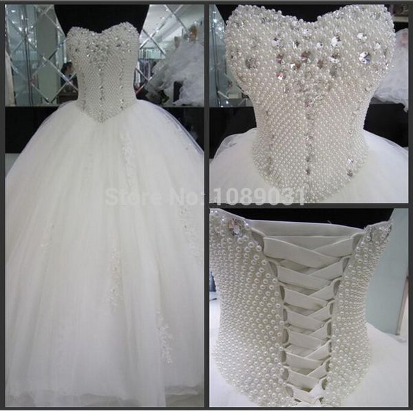 

2015 new real princess sweetheart ball gowns pearls beaded appliqued white tulle destination wedding dresses romantic formal bridal gown