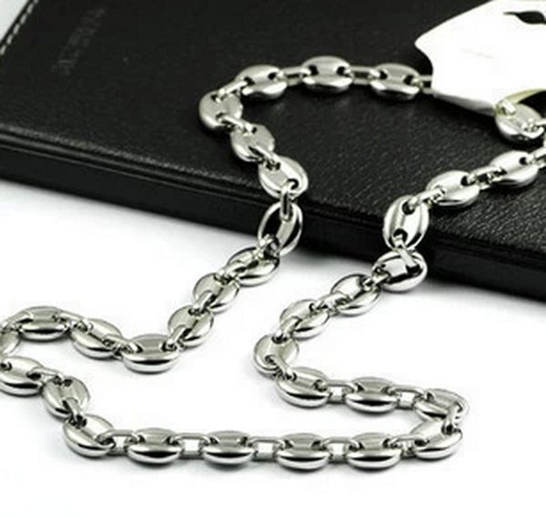 

wholesale price 10mm 20''-28'' 316l stainless steel high polished coffee beans link chain necklace fashion men women jew, Silver