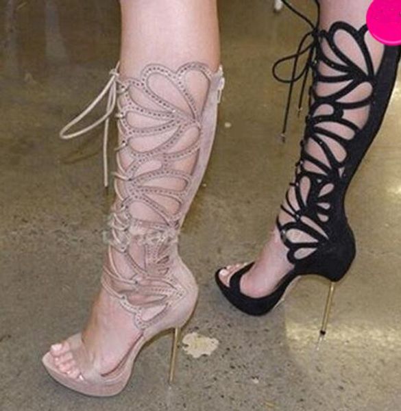 

Women Charming Design Open Toe Lace-up Rhinestone Knee High Gladiator Boots Stiletto Heel Sandal Boots Dress Boots