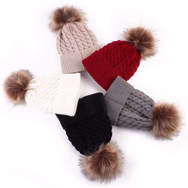 Cappello invernale in pelliccia sintetica con pompon e berretti lavorati a maglia per neonati, bambini, lana calda, berretti all'uncinetto, regalo di Natale