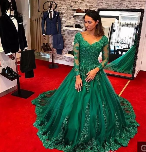 

arabic modest dark green lace ball gown evening dresses v-neck sheer long sleeves robe de soiree formal prom dress vestido de fiesta, Black;red
