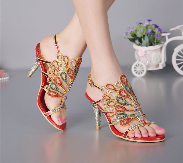 Stiletto topuk sandaletler strappy yaz sandalet siyah rhinestone topuklu sandallar düğün gelin ayakkabıları kırmızı gümüş balo parti açık toe190z