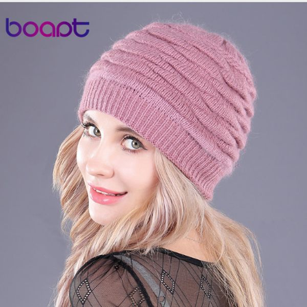 

[boapt ]soft rabbit double knitting thick bonnet beanie caps solid warm winter hats for women s cap skullies beanies female hat, Blue;gray