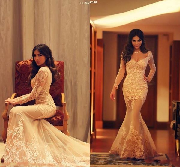 

myriam fares appliques evening dresses 2021 sweetheart long sleeves formal mermaid prom gowns plus size, Black