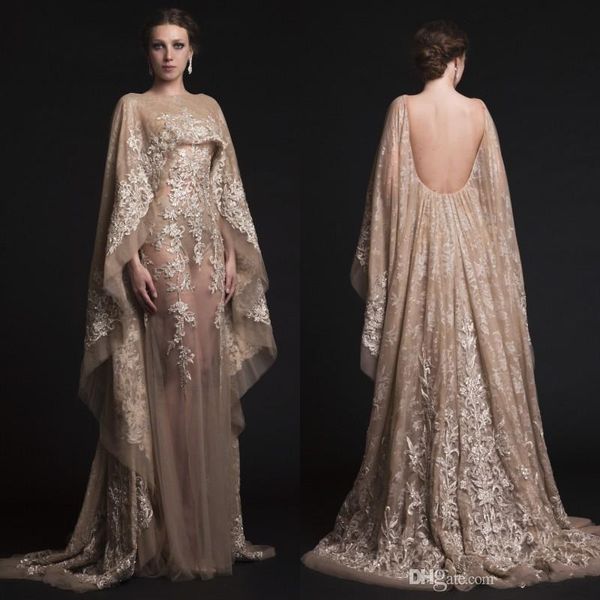 Vestidos árabes Eening vestidos Krikor Jabotian See-through sem encosto vestido de baile apliques frisados ​​Wraped Vestidos vestido de festa de luxo de celebridades