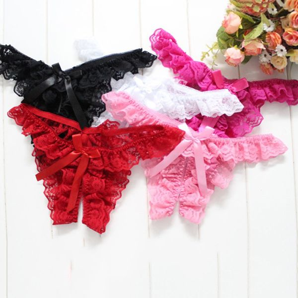 

exotic women's g-strings thong bow knot lace crotch less intimates panties thongs and g strings briefs pants ladies brief underwear, Black;white